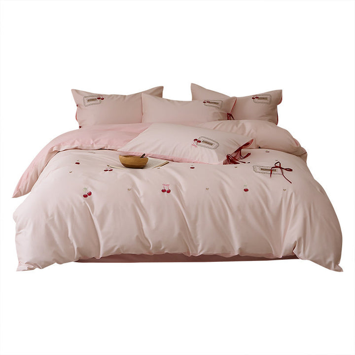 Embroidered Cherry Motif Cotton Percale Duvet Cover Set with Ribbon-Tie Pillow Shams