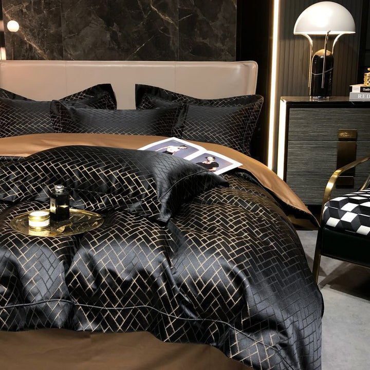 Luxury Satin Jacquard Geometric Duvet Cover and Pillowcase Bedding Set