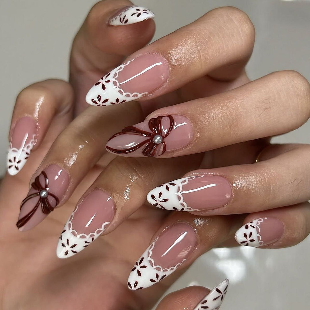 Decorative Press-On Nail Art Set with Floral and Bow Designs Stornfield