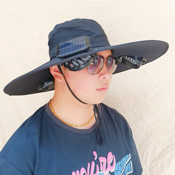 Wide-brimmed sun hat with detachable swivel solar fans and adjustable chin strap Stornfield