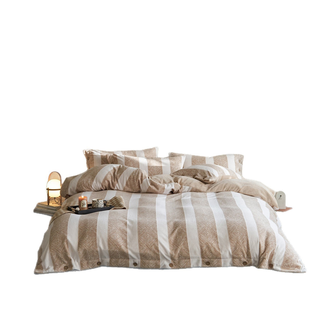 Striped Textured Cotton-Linen Duvet Cover Set with Button Closure and Pillow Shams