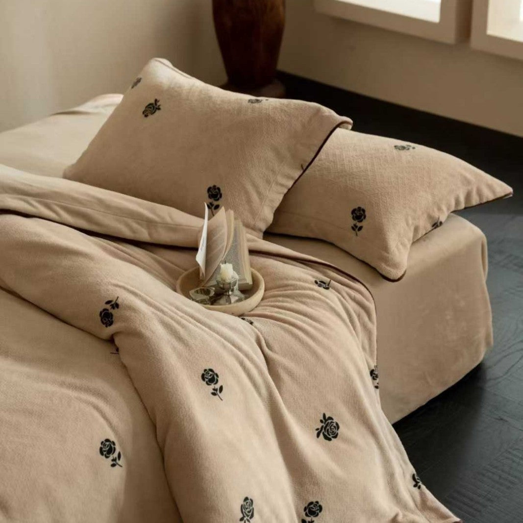 Luxury Embroidered Rose Duvet Cover Set with Contrast Piping