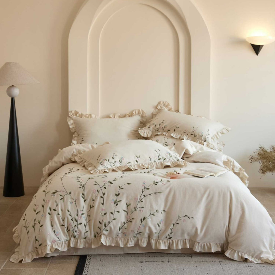 Floral Embroidered Ruffled Duvet Cover Set with Frilled Edge and Pillow Shams