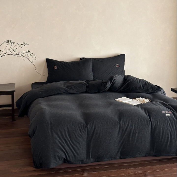 Washed Cotton Slub Duvet Cover Set with Mini Embroidered Accents