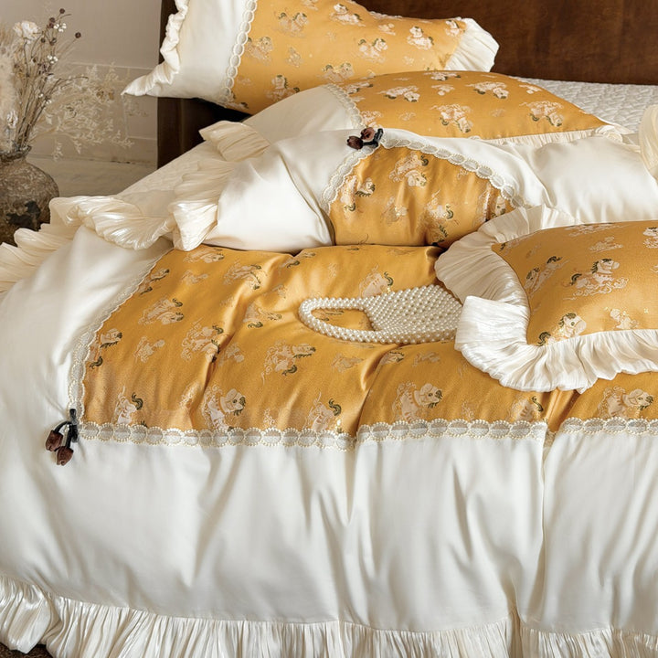 Ruffled Satin-Trim Quilted Duvet Cover Set with Lace Insets