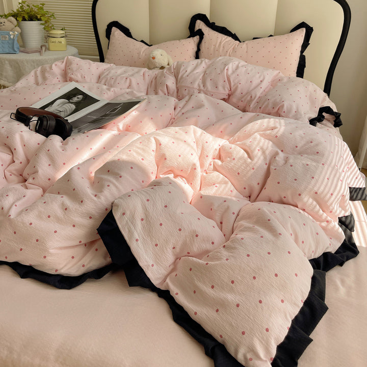 Polka Dot Ruffled Edge Duvet Cover and Pillowcase Set