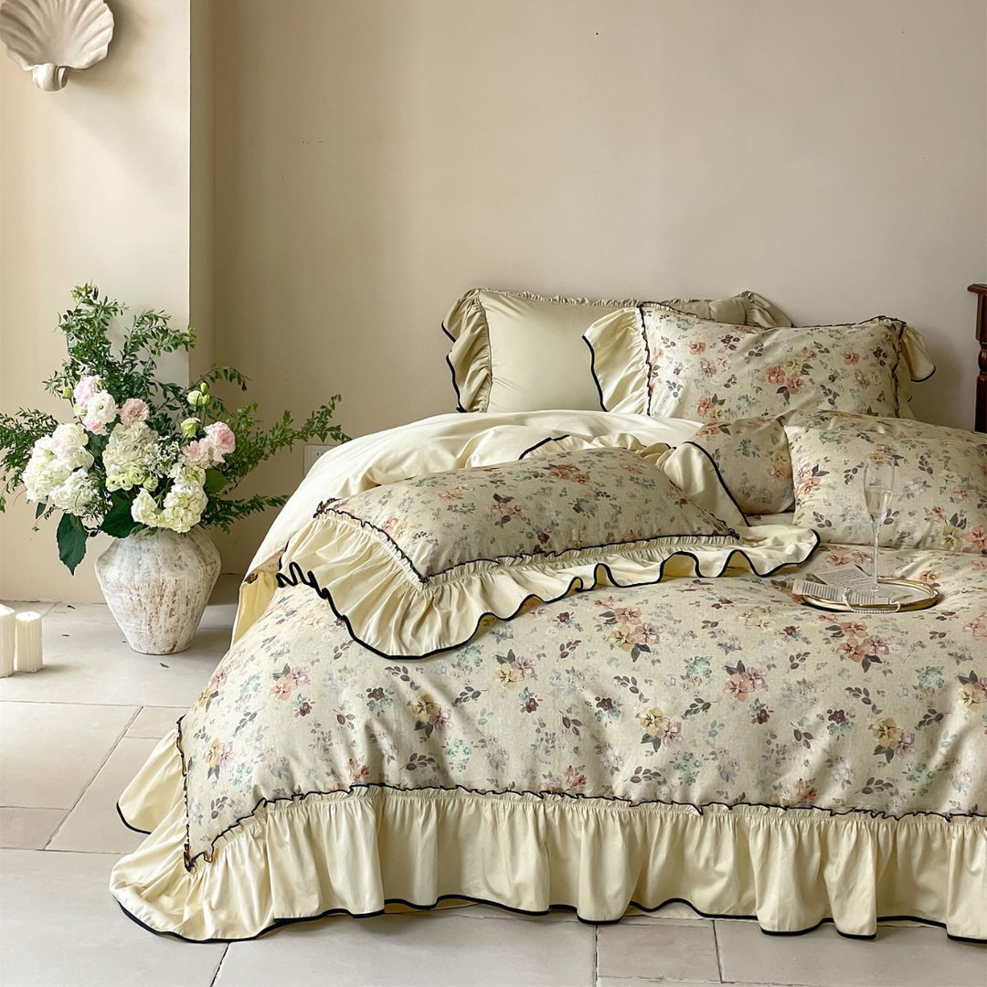 Ruffled Floral Cotton-Linen Blend Duvet Cover Set with Skirted Ruffle and Contrasting Piped Edge