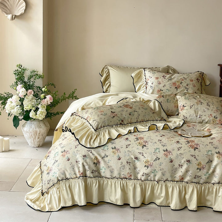 Ruffled Floral Cotton-Linen Blend Duvet Cover Set with Skirted Ruffle and Contrasting Piped Edge