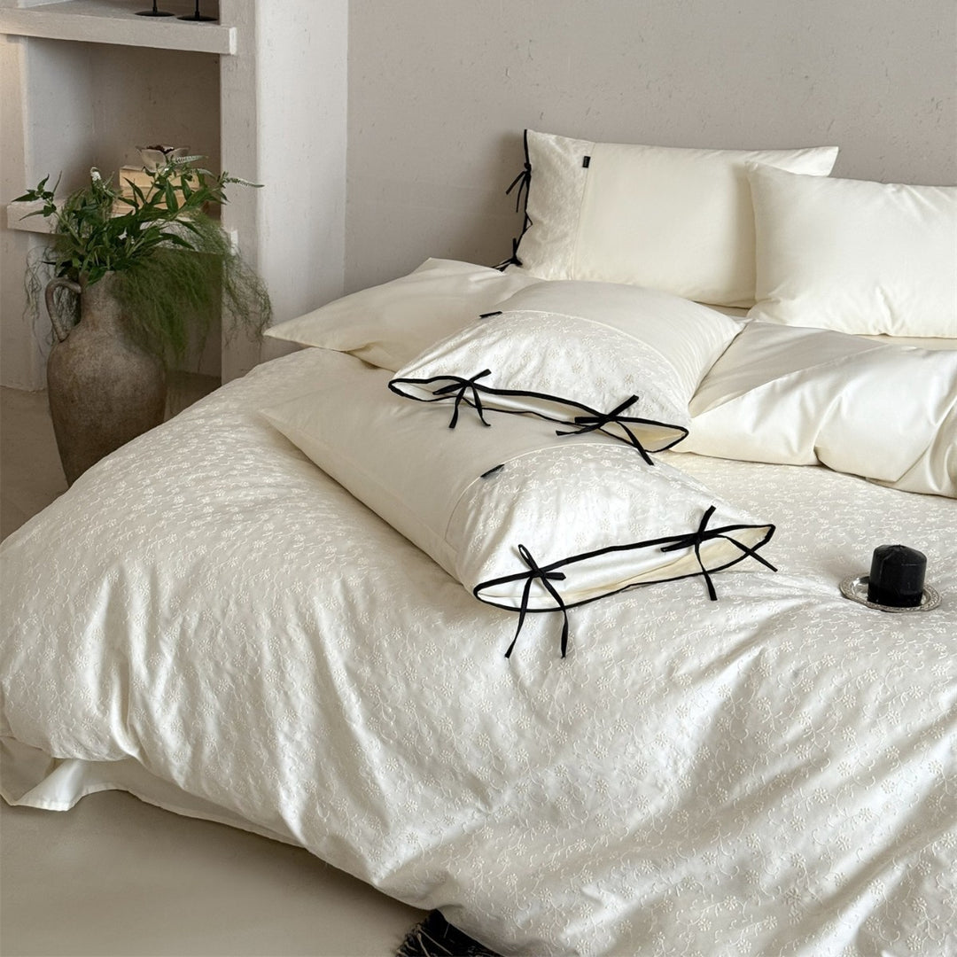Embroidered Cotton-Sateen Duvet Cover Set with Contrast Tie Bows and Eyelet Floral Texture