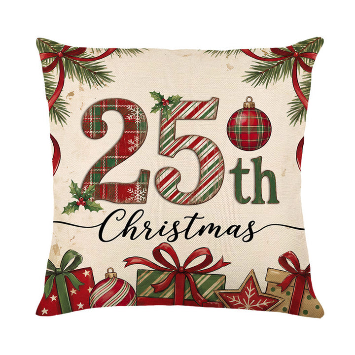 Festive Cotton-Linen Square Throw Pillow Cover with Holiday Plaid Numeral Graphic and Hidden Zipper
