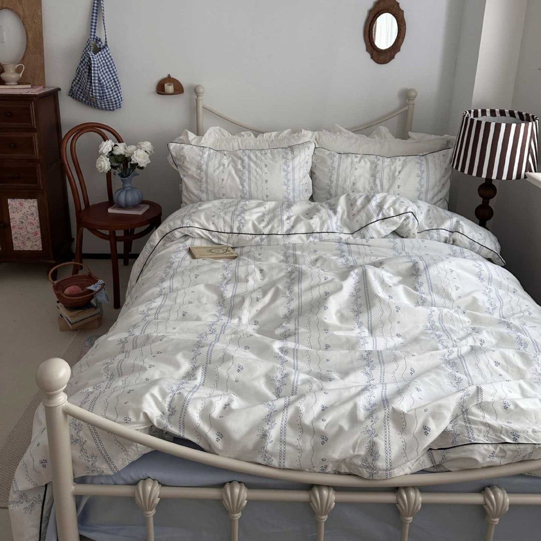 Cotton Sateen Floral-Stripe Duvet Cover Set with Contrast Piping and Ruffled Shams