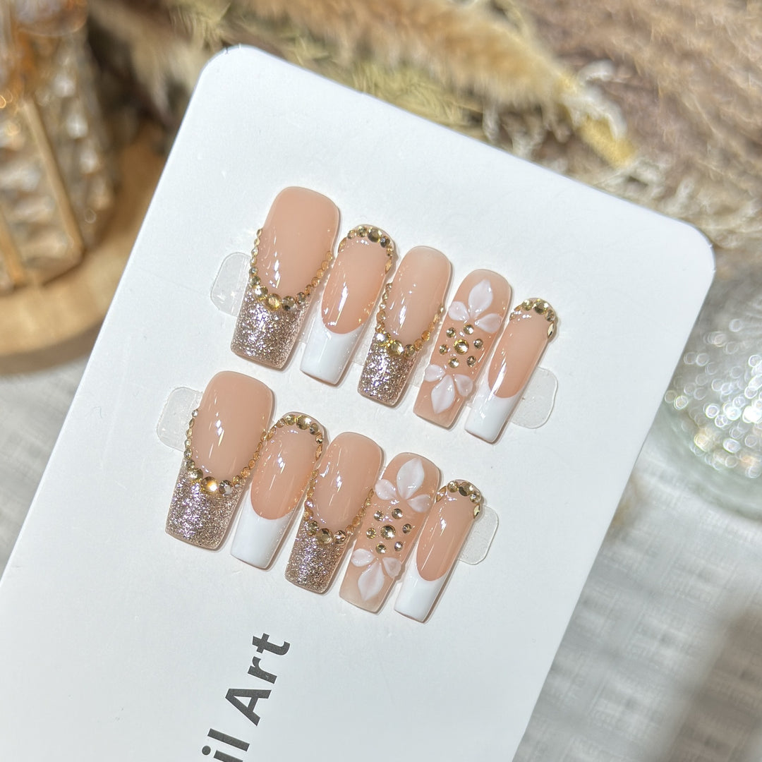Luxurious Glittery Press-On Nail Art Set with Decorative Floral Accents Stornfield
