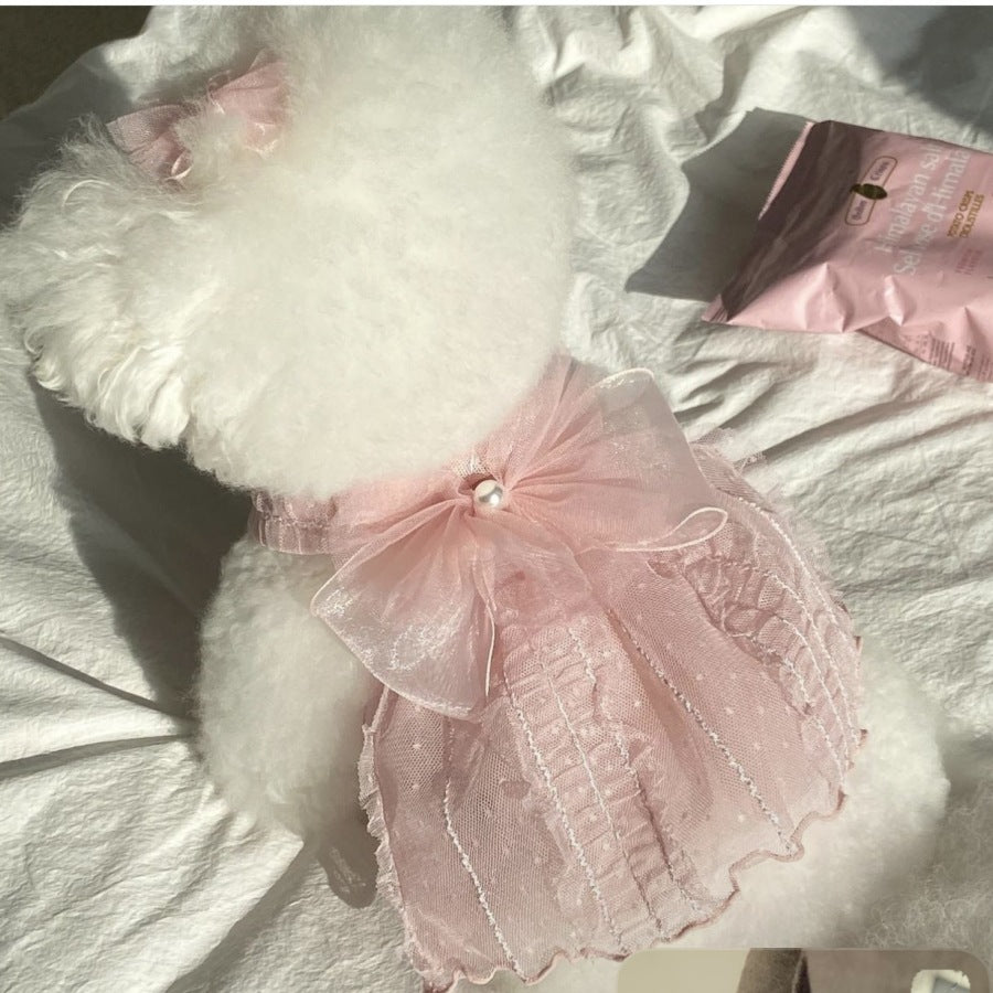 Pet Tulle Lace Dress with Organza  and Pearl Charm