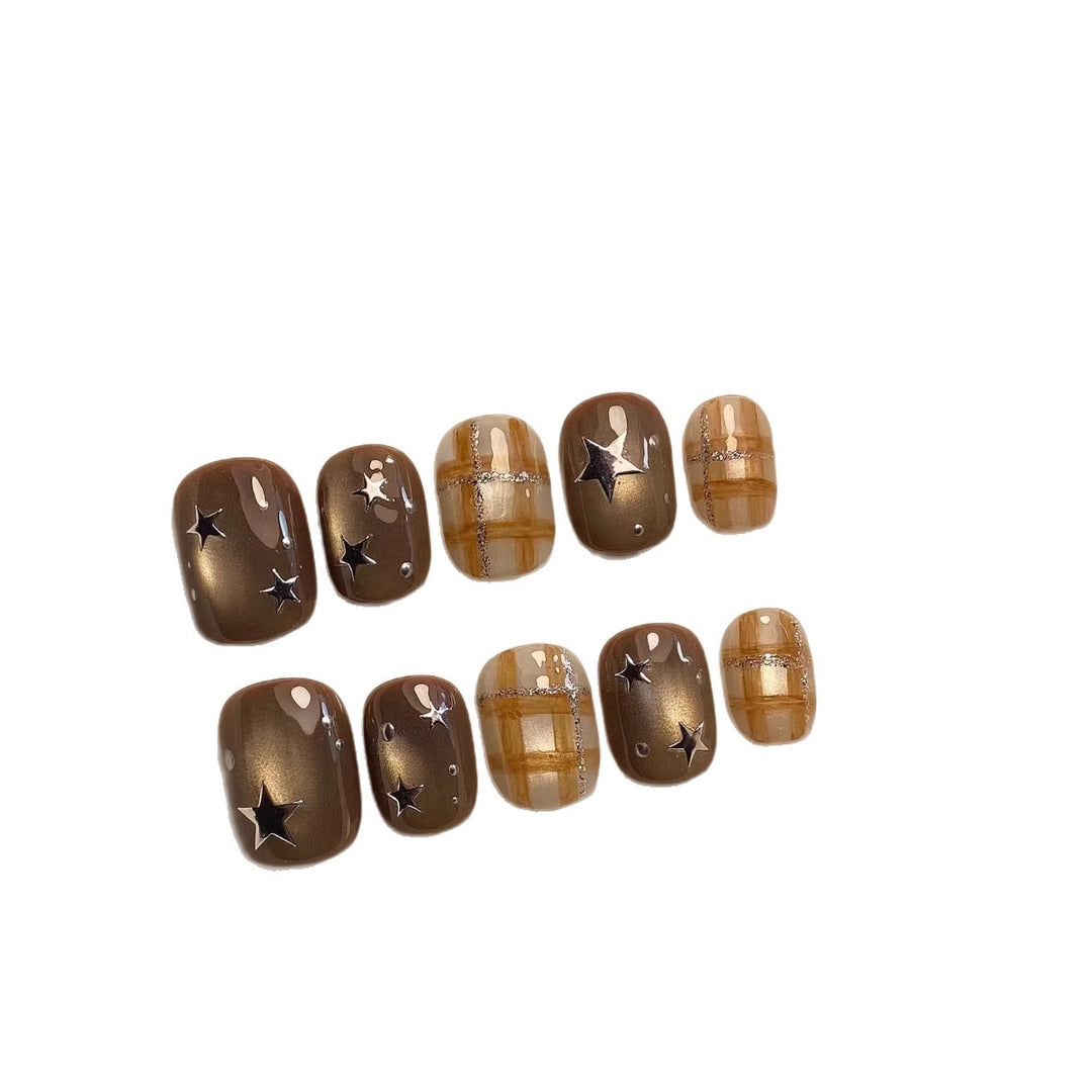 Decorative Press-On Nail Art Set with Star and Plaid Designs