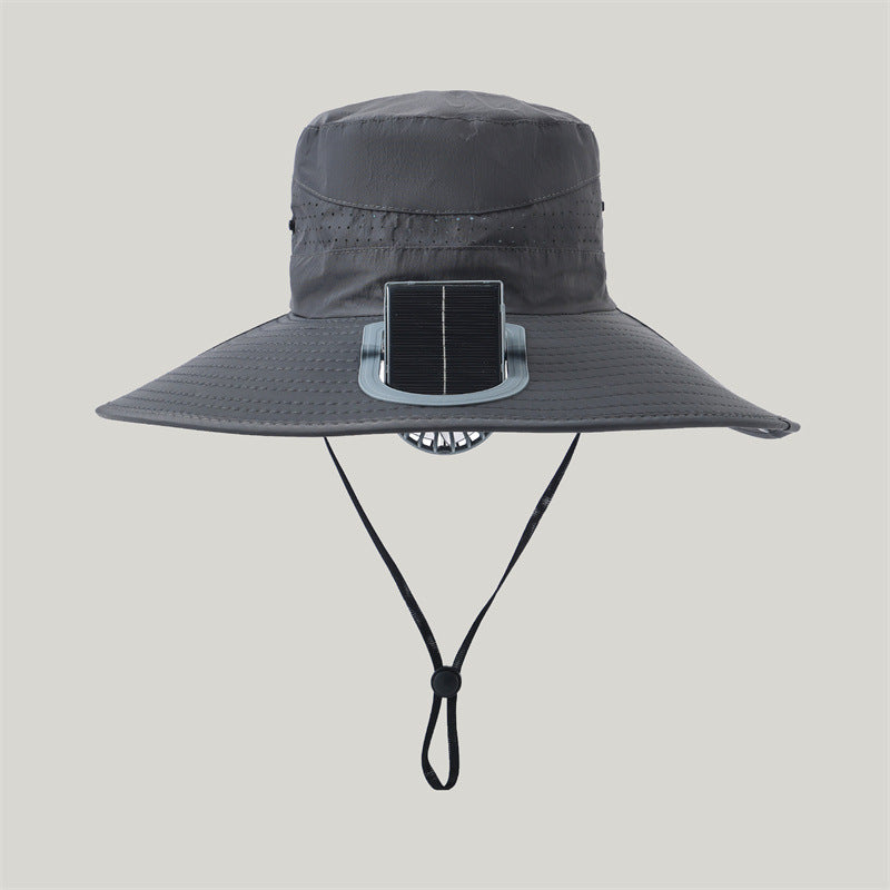 wide-brimmed outdoor sun hat with solar module, quiet mini fan, and adjustable chin strap Stornfield
