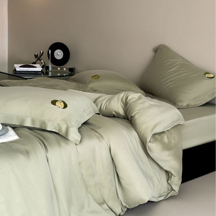 Premium cotton satin bedding set with subtle embroidered medallions