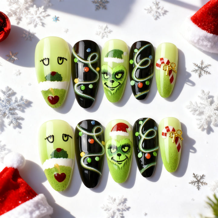 Festive Grinch-Themed Press-On Nail Art Set Stornfield