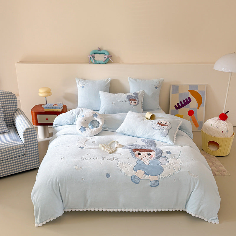 Children's Embroidered Cartoon Duvet Cover Bedding Set with Plush Appliqué & Pillow Shams