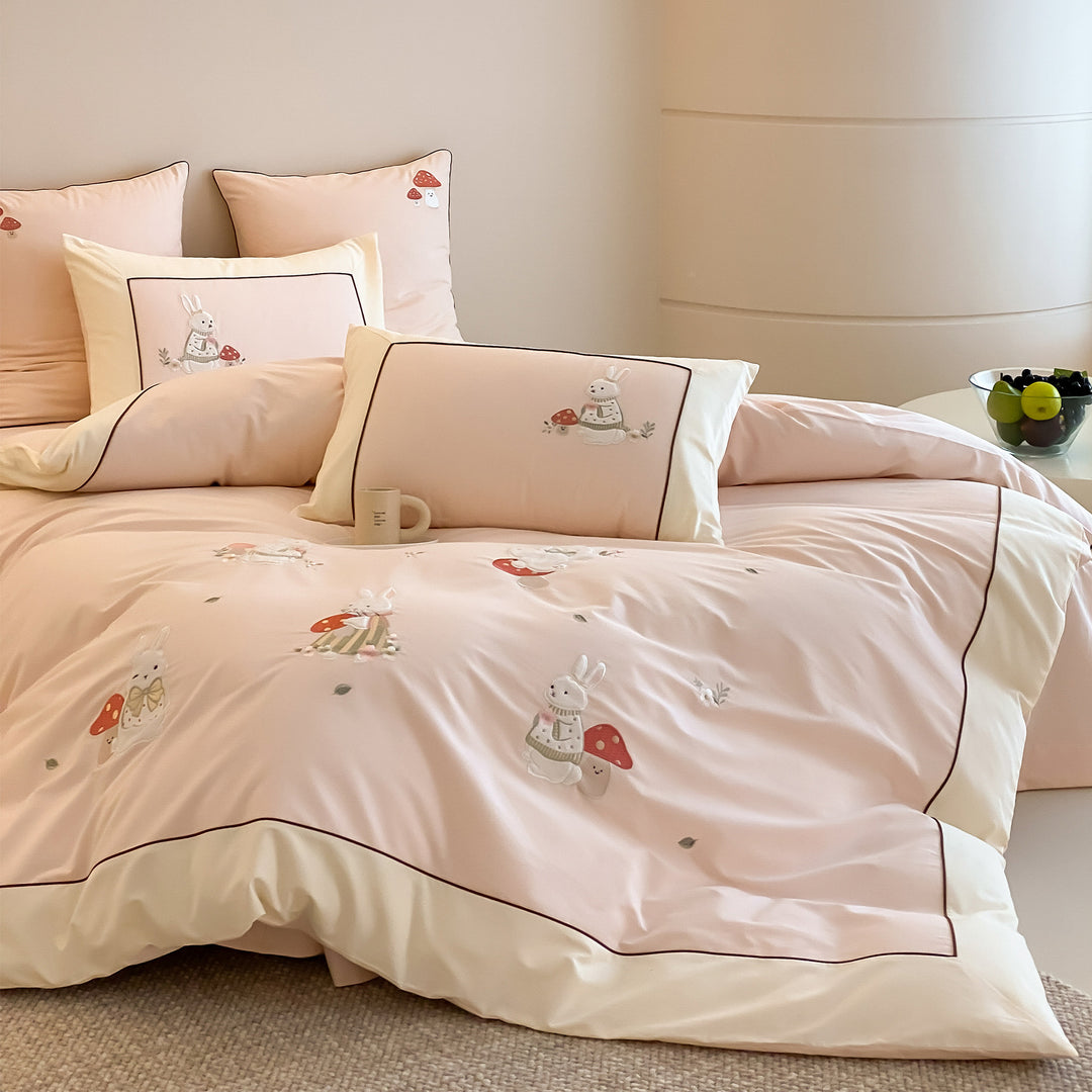 Embroidered Cotton Sateen Bunny and Mushroom Duvet Cover Set with Contrast Piping