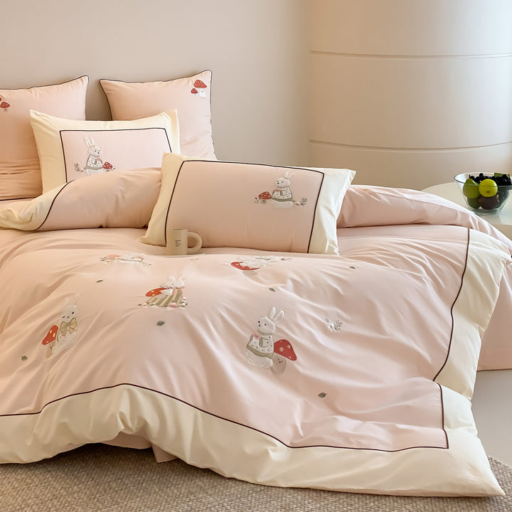 Embroidered Cotton Sateen Bunny and Mushroom Duvet Cover Set with Contrast Piping