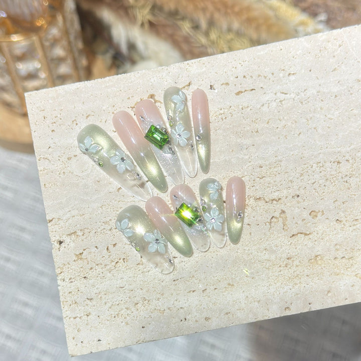 Floral Gemstone Stiletto Nail Set Stornfield