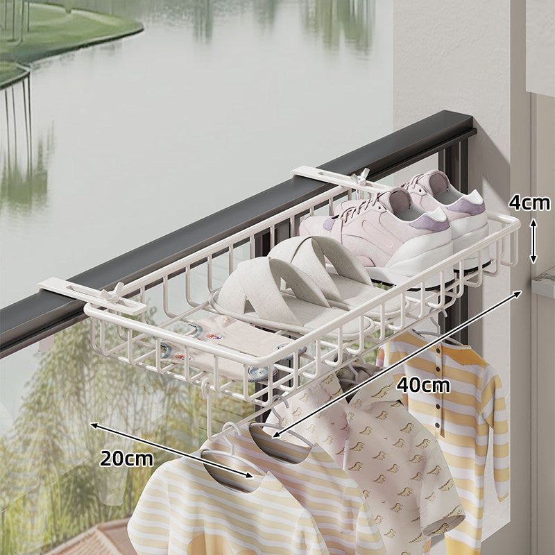 Balcony Railing Hanging Shoe and Drying Rack with Wire Basket and Adjustable Clamp