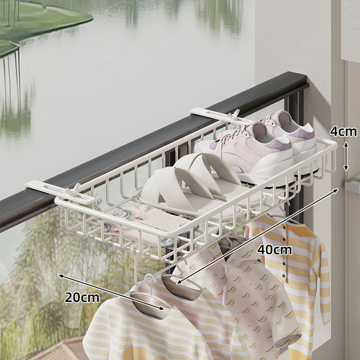 Balcony Railing Hanging Shoe and Drying Rack with Wire Basket and Adjustable Clamp