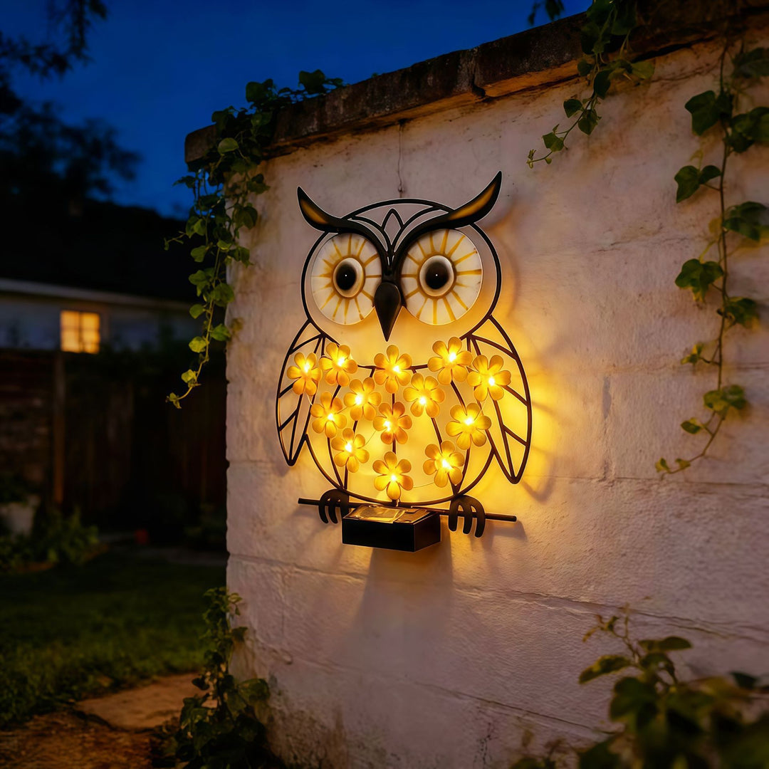 Metal Owl Wall Art With Solar Powered LED Floral Lights And Iron Frame Stornfield