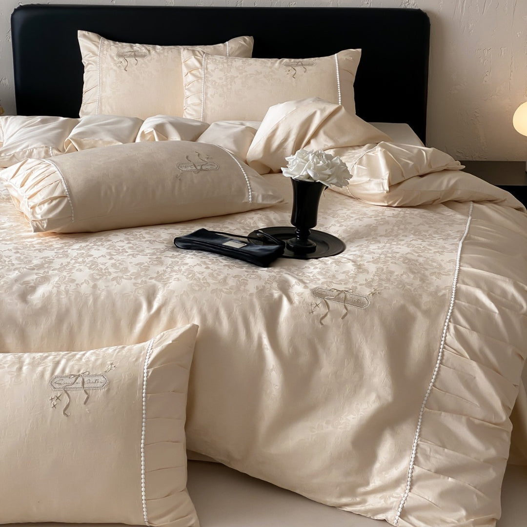 Luxury Jacquard Satin Ruffled Duvet Cover Set with Embroidered Accents