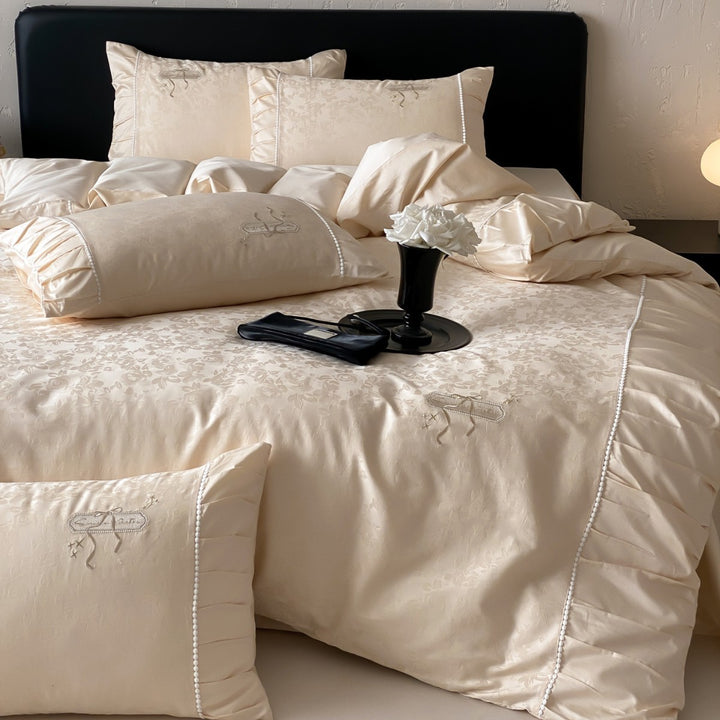 Luxury Jacquard Satin Ruffled Duvet Cover Set with Embroidered Accents