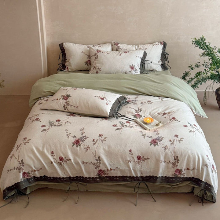 Floral Cotton-Linen Duvet Cover Set with Lace Trim and Ties