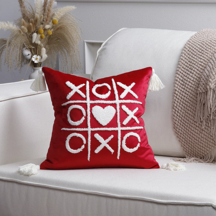 Square Decorative Pillow Cover with Fuzzy Heart Appliqué and Tassel Corners
