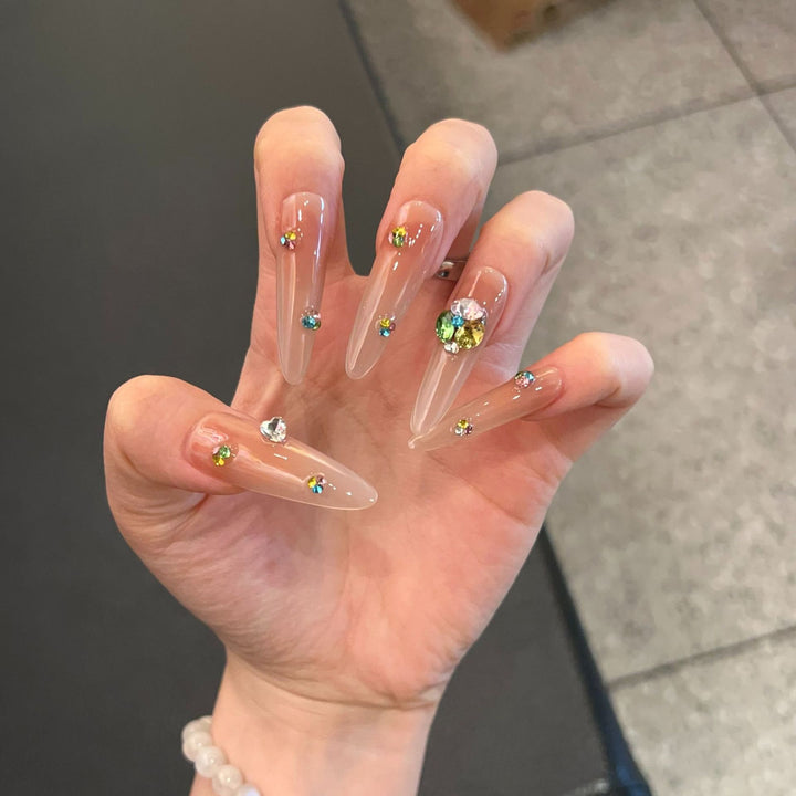 Glamorous Stiletto Press-On Nail Set with Colorful Gem Accents Stornfield