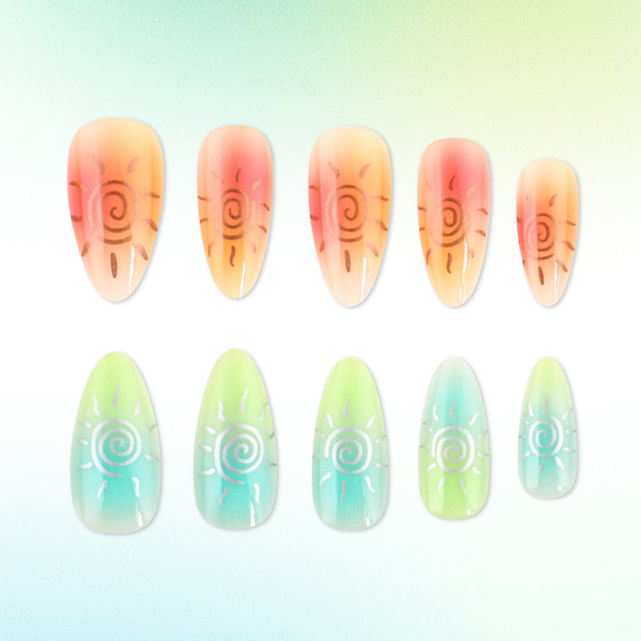 Artistic Press-On Nail Set Featuring Sun Designs Stornfield