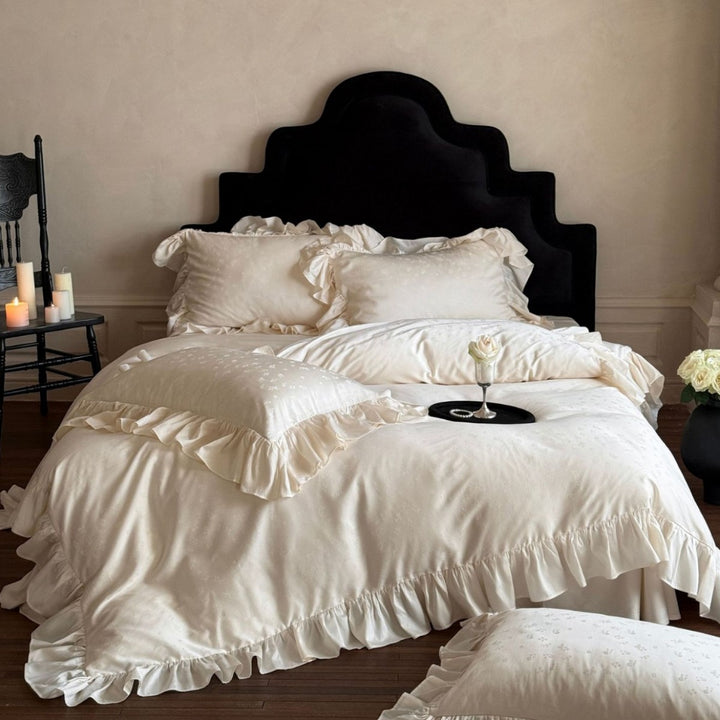 Frilled Jacquard Microfloral Duvet Cover Set with Ruffled Hem and Envelope Shams
