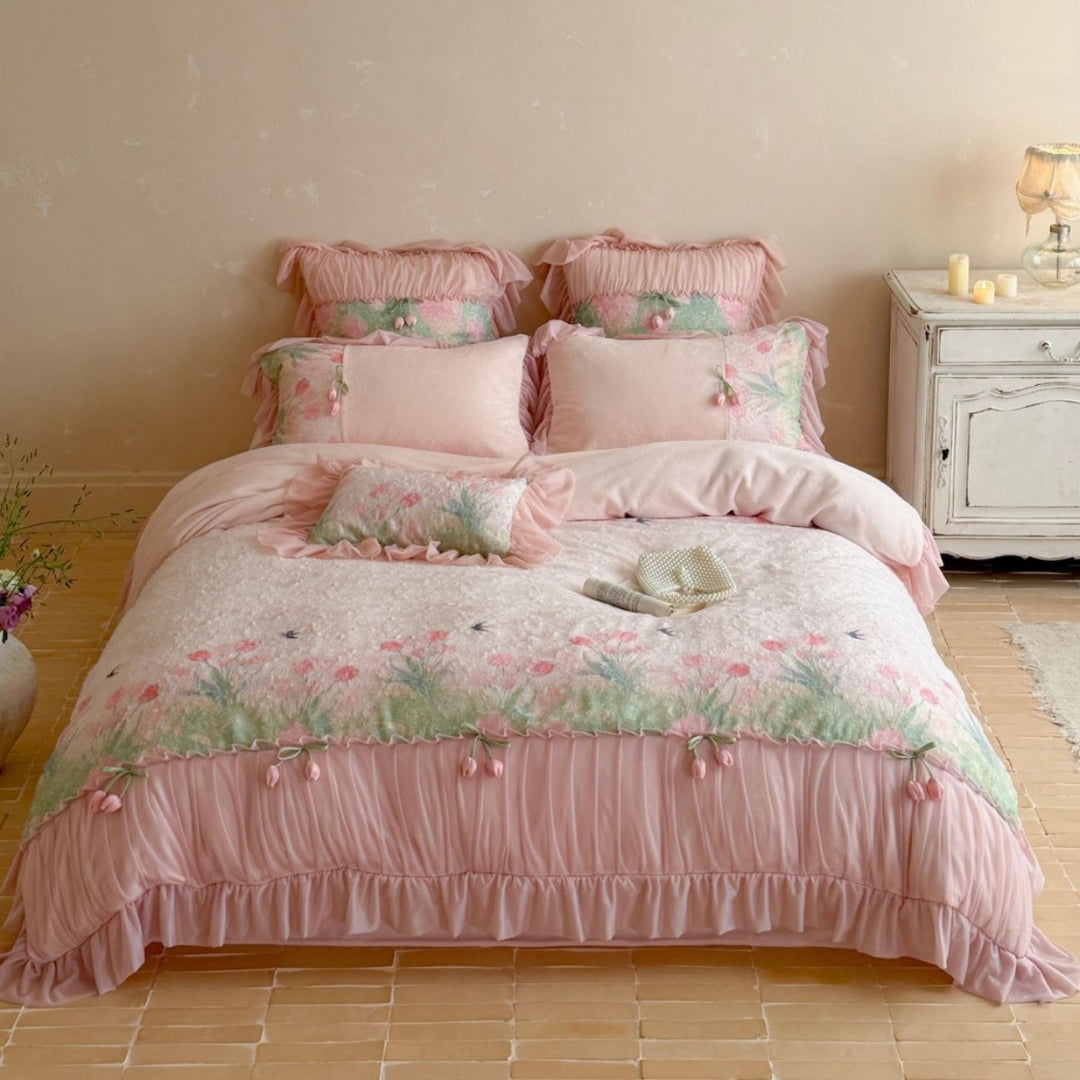 Ruffled Quilted Duvet Cover Set with 3D Tulip Appliqué and Scalloped Pillow Shams