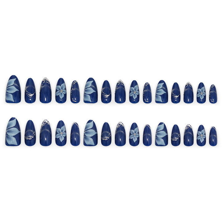 Acrylic Nail Set with Elegant Blue Ombre and Floral Design Stornfield