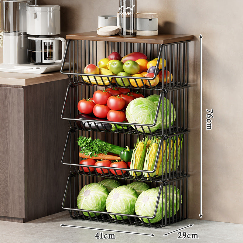 Multi-Tier Rolling Kitchen Pantry Cart with Wood Top and Deep Wire Storage Baskets