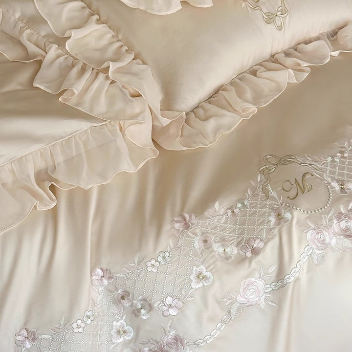 Romantic Ruffle-Trim Satin-Blend Floral Embroidered Duvet Cover Set