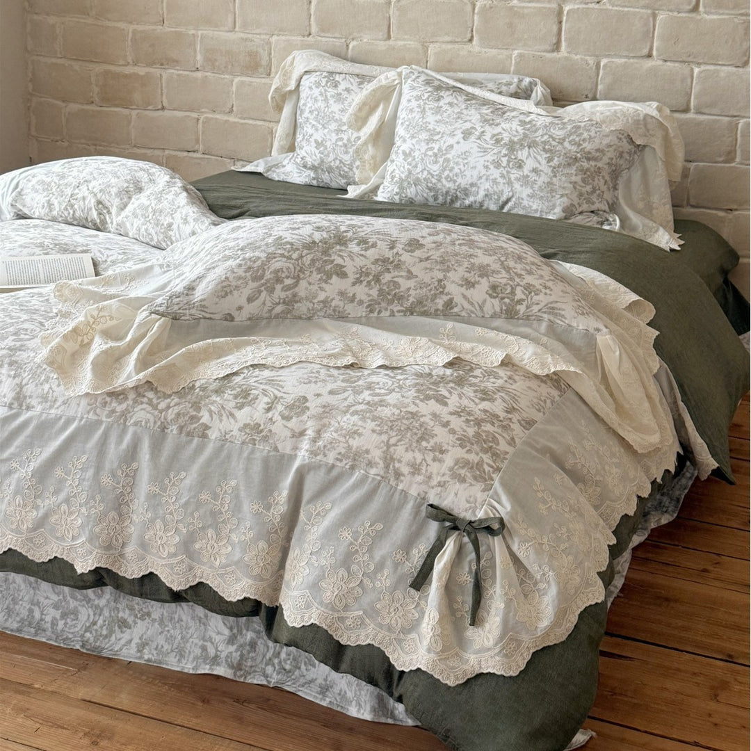 Floral Embroidered Cotton-Linen Duvet Cover Set with Lace Ruffle and Tie Closures