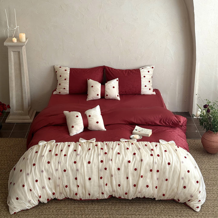 Luxurious Polka Dot Velvet Reversible Duvet Cover Set with Sheer Ruffle Trim and Decorative Bows