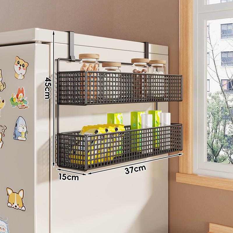 Over-Refrigerator Vertical Hanging Mesh Storage Rack with Deep Baskets and Hook Rail