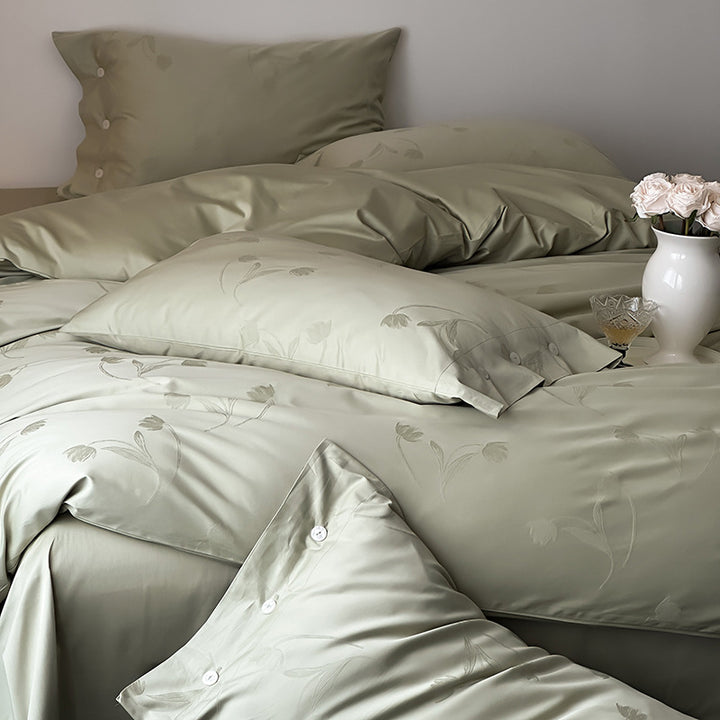 Premium duvet cover set made of cotton satin with tonal floral jacquard and button closure