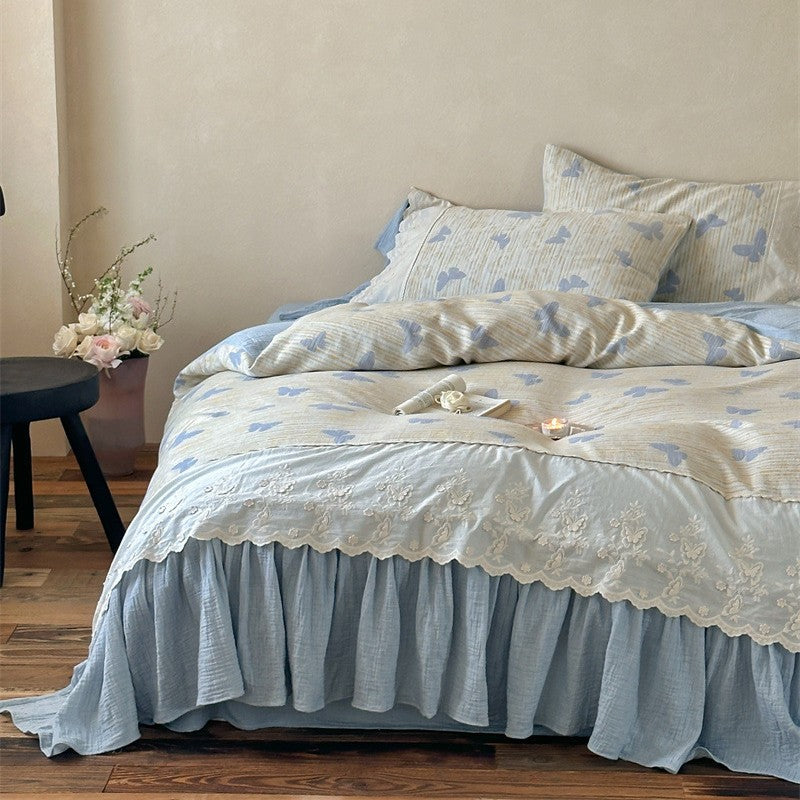 Embroidered Scallop-Edge Duvet Cover Set with Ruffled Bedskirt & Pillow Shams