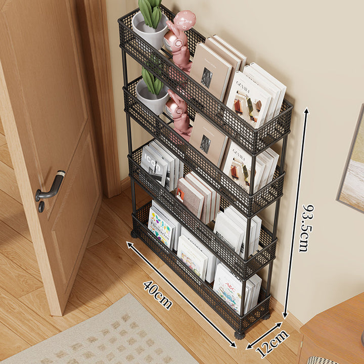 Slim Four-Tier Metal Mesh Narrow Bookshelf Organizer