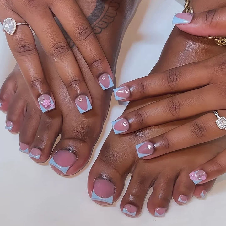 Artistic Press-On Nail Art Set with Floral and Gem Elements Stornfield