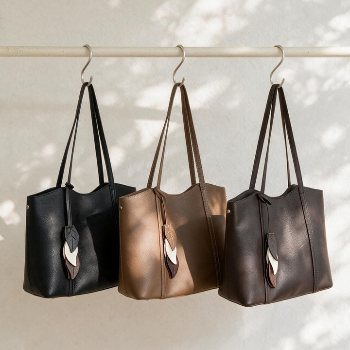 Pebbled Vegan Leather Structured Tote with Leaf Charm & Long Shoulder Straps
