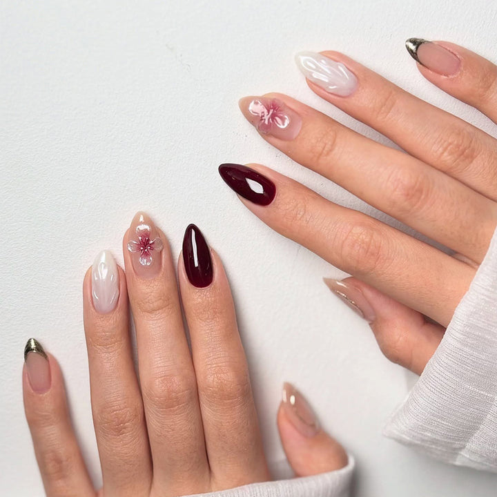 Elegant Artistic Press-On Nail Set with Floral and Glossy Accents Stornfield