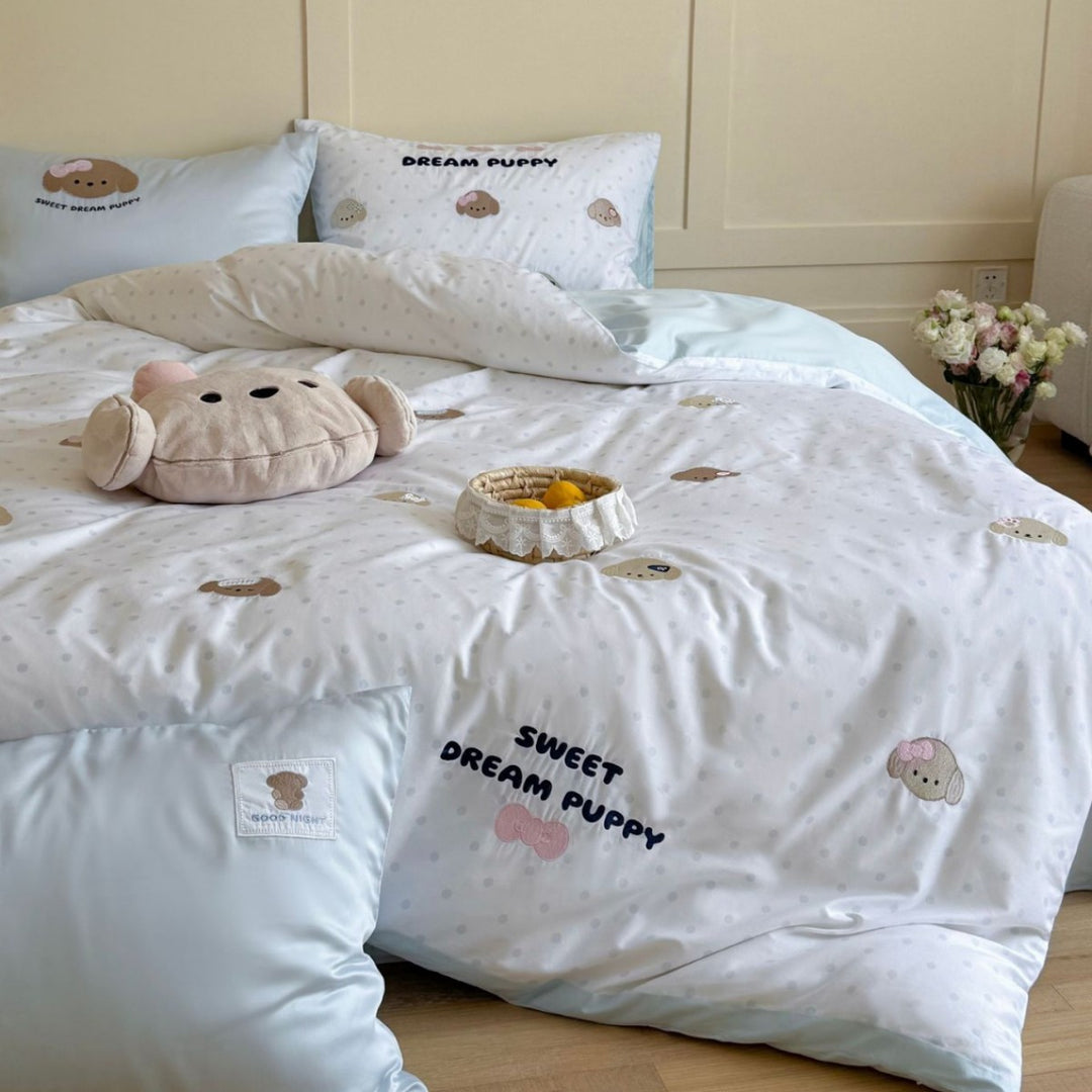Romantic cotton satin bedding set with cute puppy embroidery and extra soft finish