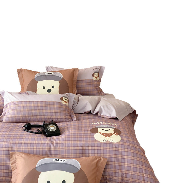 Cotton Duvet Cover and Pillowcase Set with Cartoon Puppy Print
